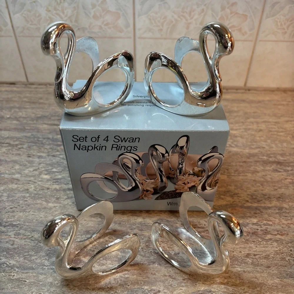 Wm A Rogers Silverplate Swan Napkin Rings MCM Set of 8 Holders 2 Boxes of 4 NIB